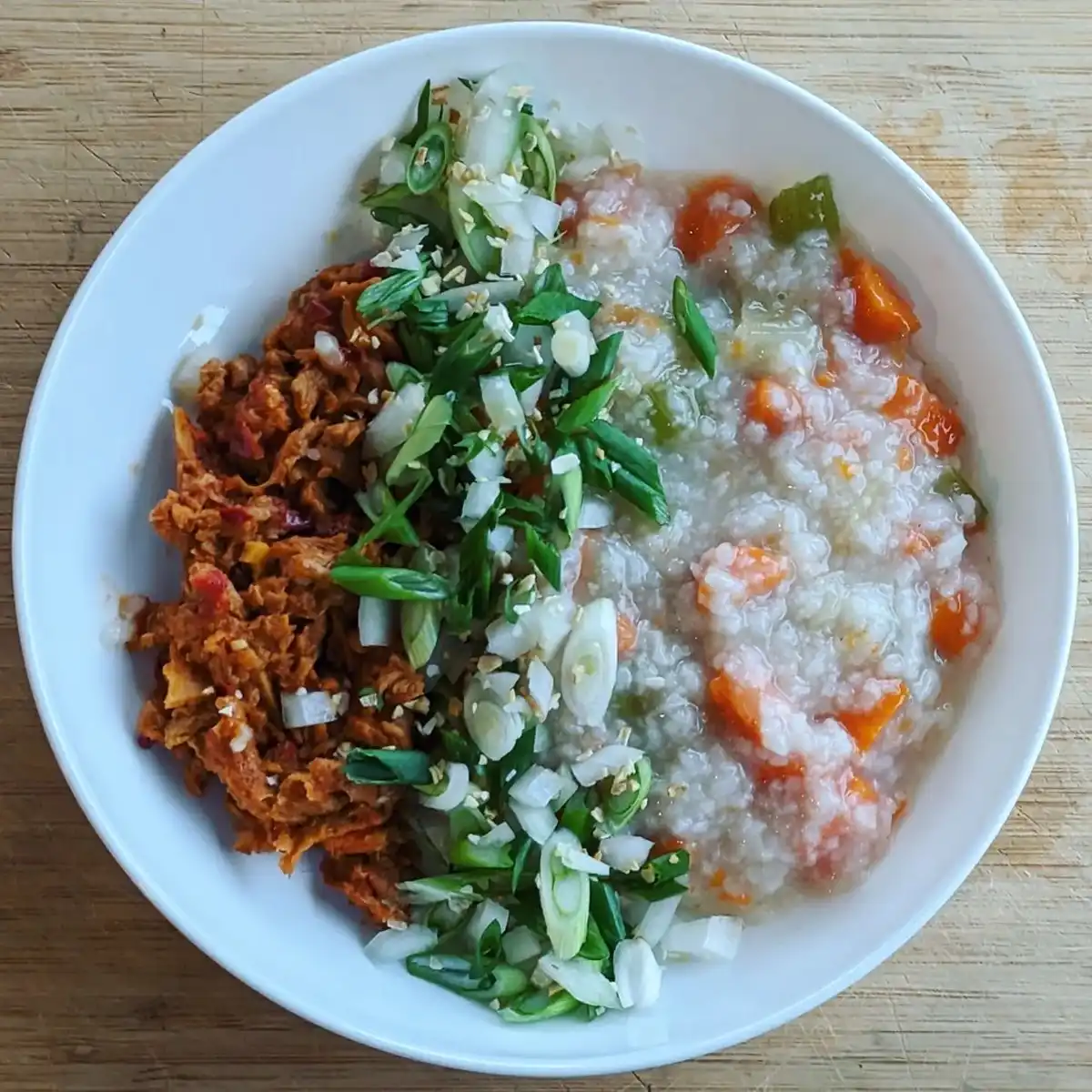 Prepared Congee with Soy Curls and Alliums