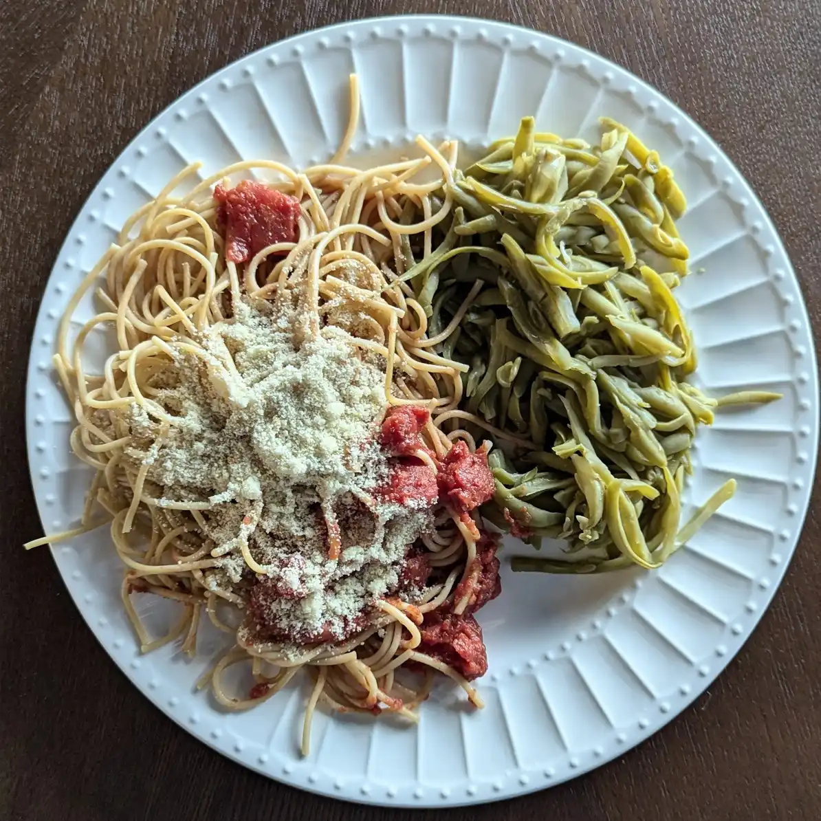 Spaghetti, Sauce, and New Parmesan with Green Beans