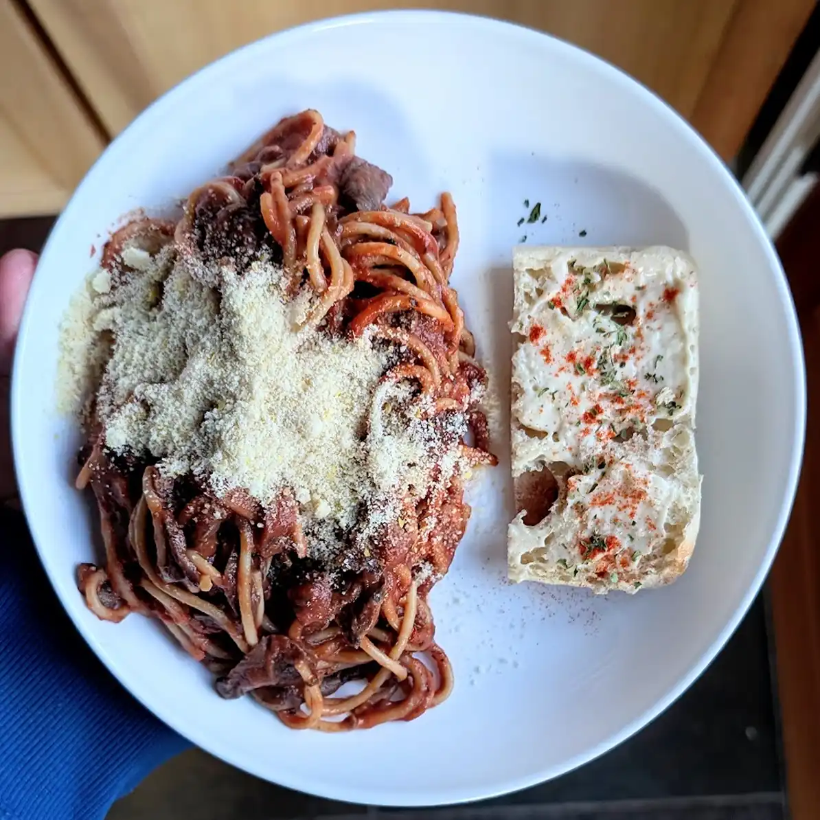 Spaghetti with Arrabbiata Sauce, New Parmesan and Garlic Bread